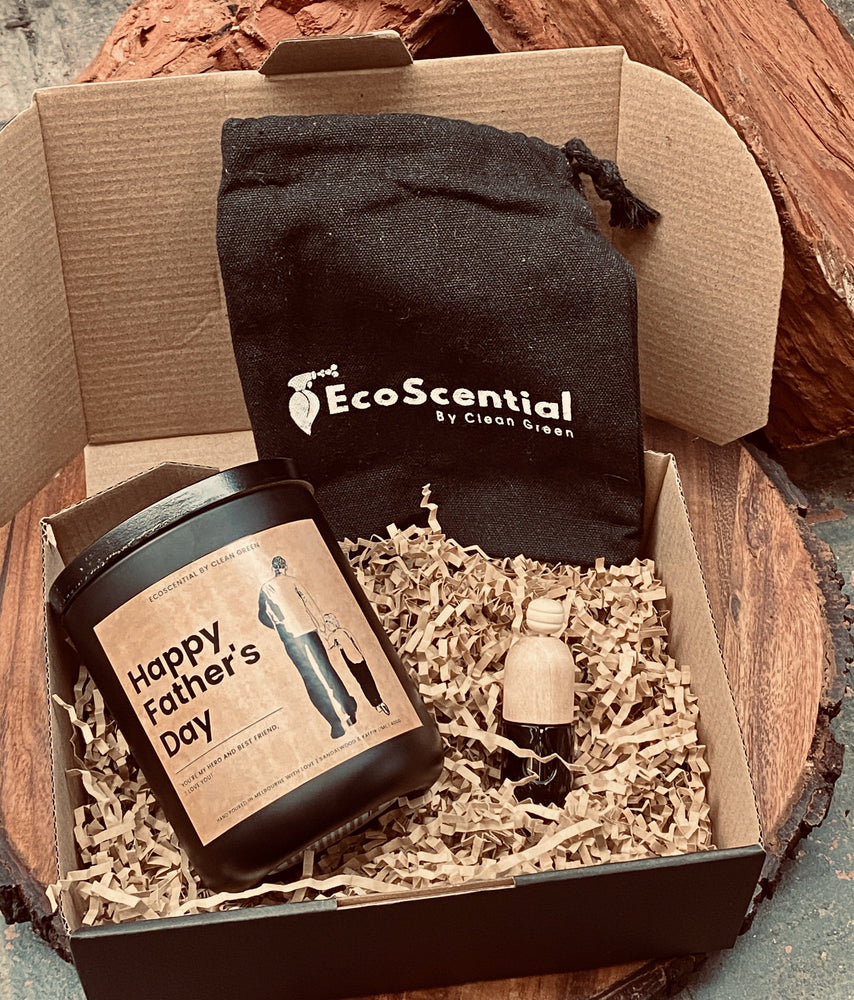 Father's Day Gift Pack Ecoscential Sandalwood & Kaffir Lime Brown Father & Son Walking 